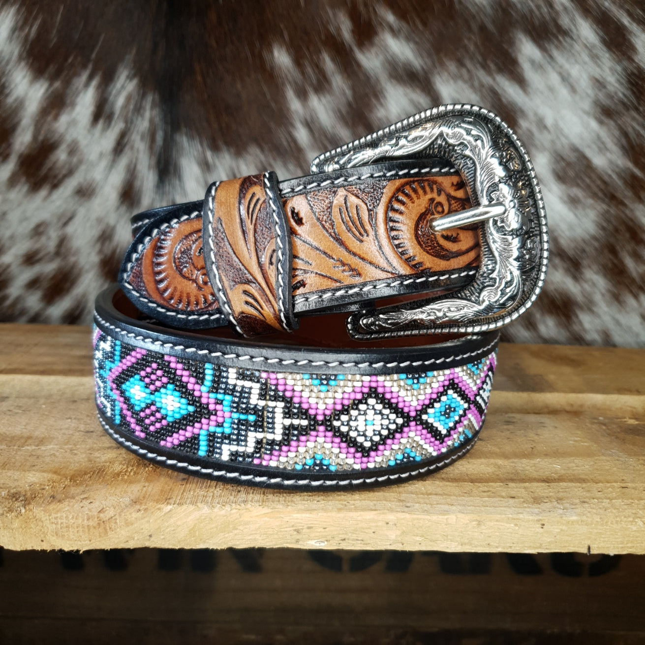 Belt Tooled Beaded Purple Turquoise