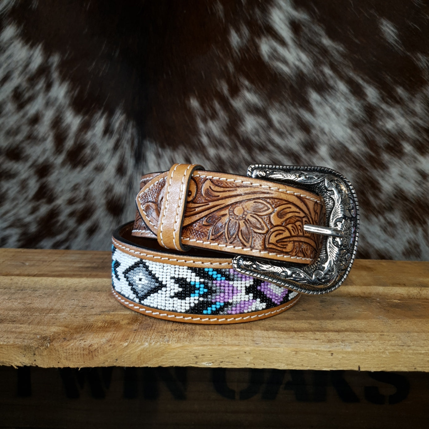 Belt - Tooled & Beaded - Purple, White & Turquoise