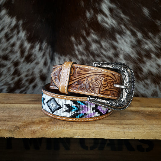 Belt - Tooled & Beaded - Purple, White & Turquoise