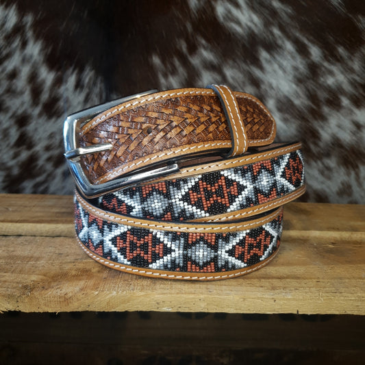 Belt - Tooled & Beaded - Grey, Red & Black