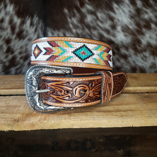 Belt - Tooled & Beaded - Turquoise & Brown