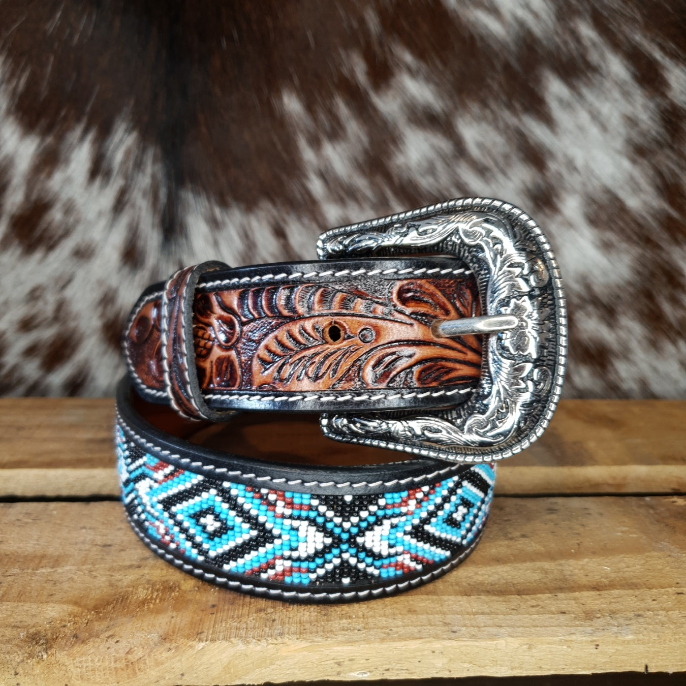 Belt - Tooled & Beaded - Blue & Black