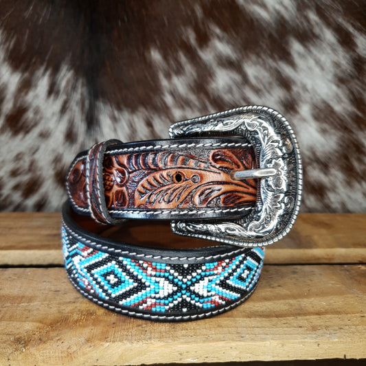 Belt - Tooled & Beaded - Blue & Black