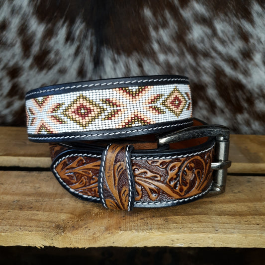 Belt - Tooled & Beaded  - White & Peach