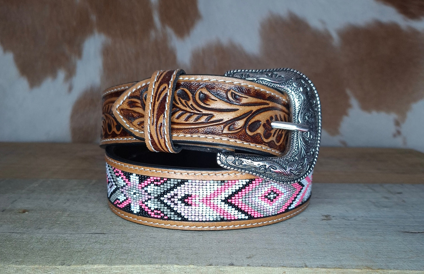 Belt - Tooled & Beaded  - Pink, White & Grey