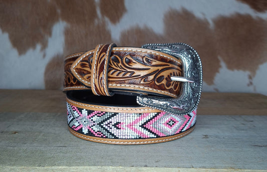 Belt - Tooled & Beaded  - Pink, White & Grey