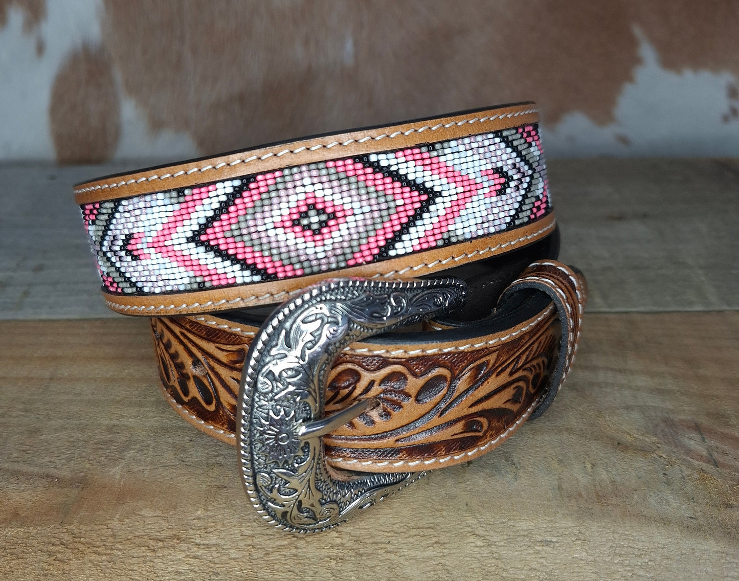 Belt - Tooled & Beaded  - Pink, White & Grey