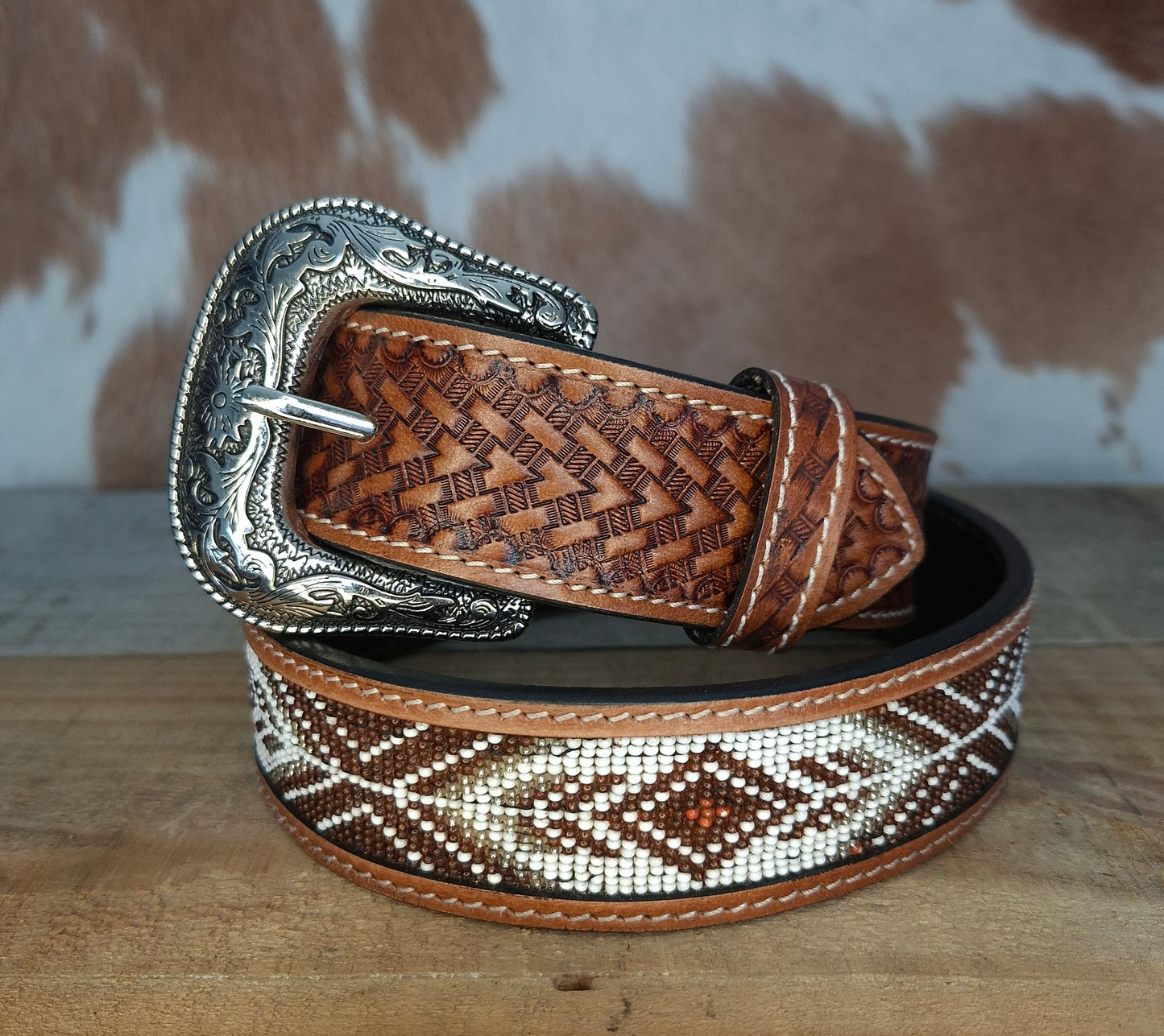 Belt - Embossed & Beaded  - Brown & White