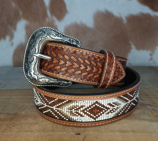 Belt - Embossed & Beaded  - Brown & White