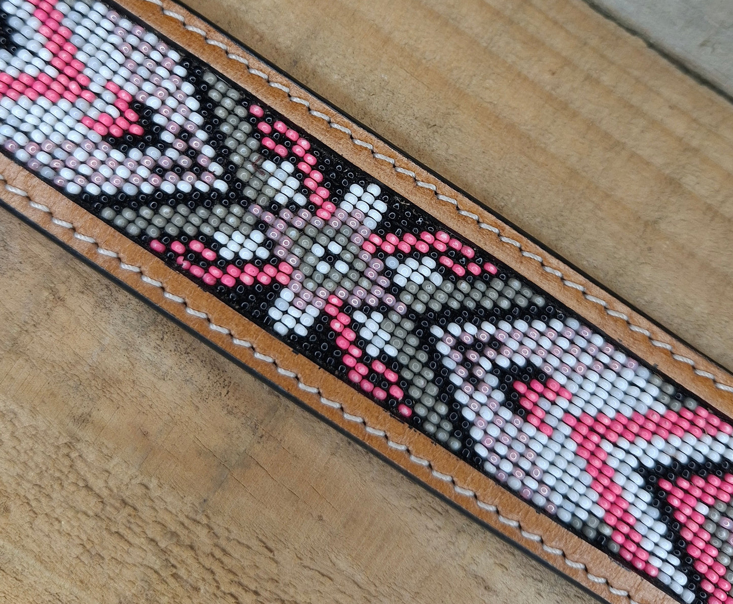 Belt - Tooled & Beaded  - Pink, White & Grey