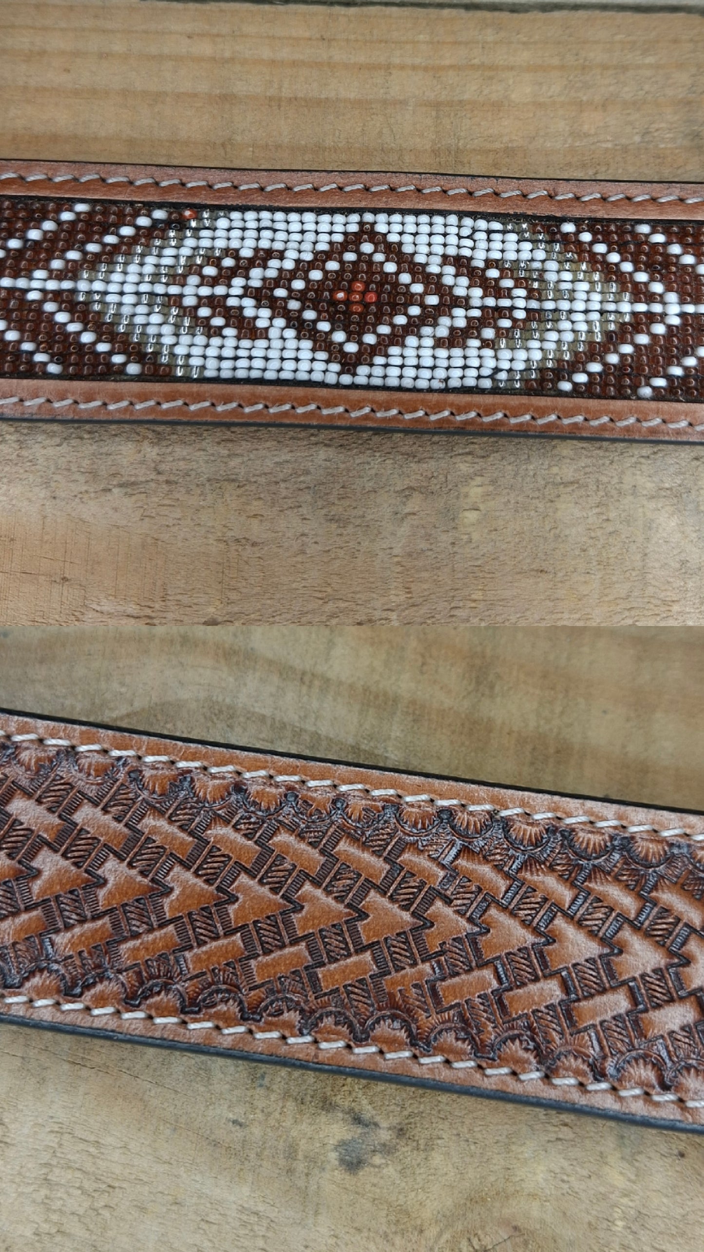 Belt - Embossed & Beaded  - Brown & White