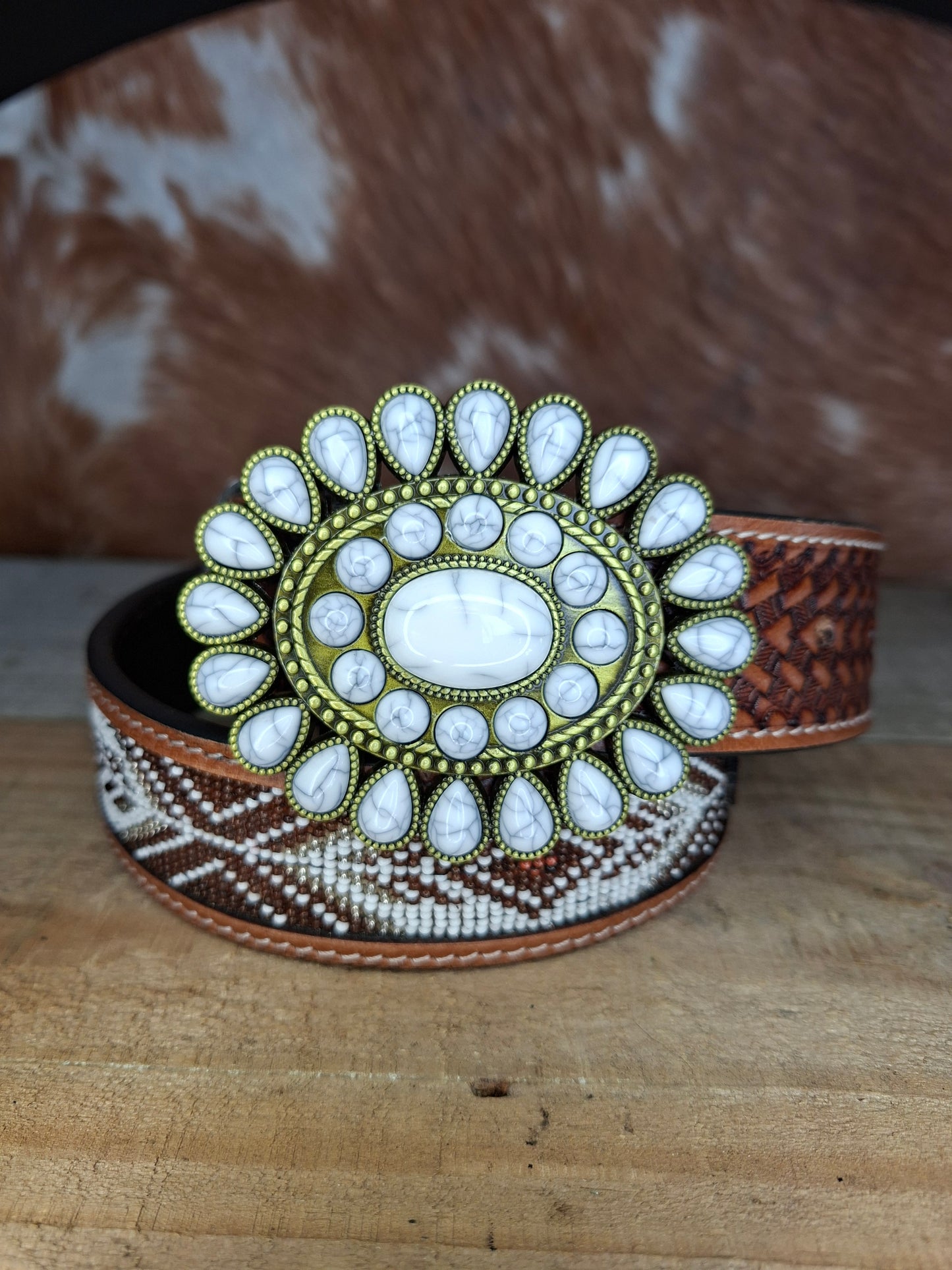 Belt Buckle - White Marble & Brass