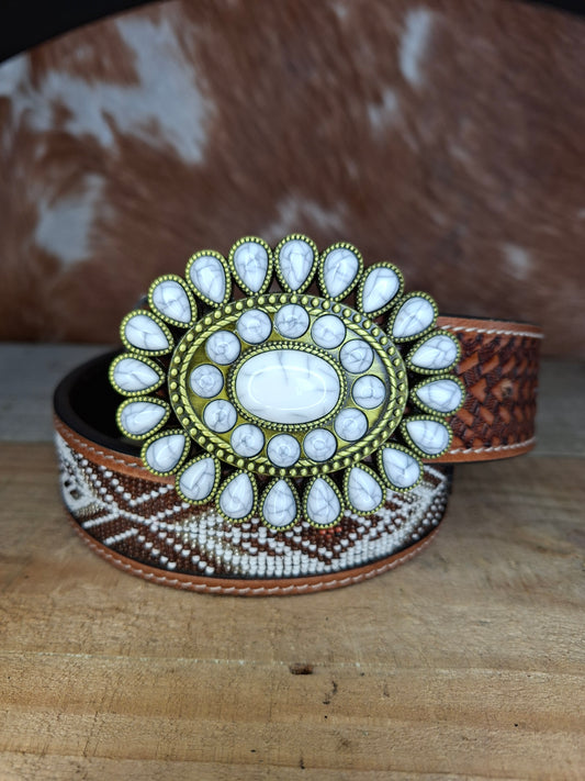 Belt Buckle - White Marble & Brass