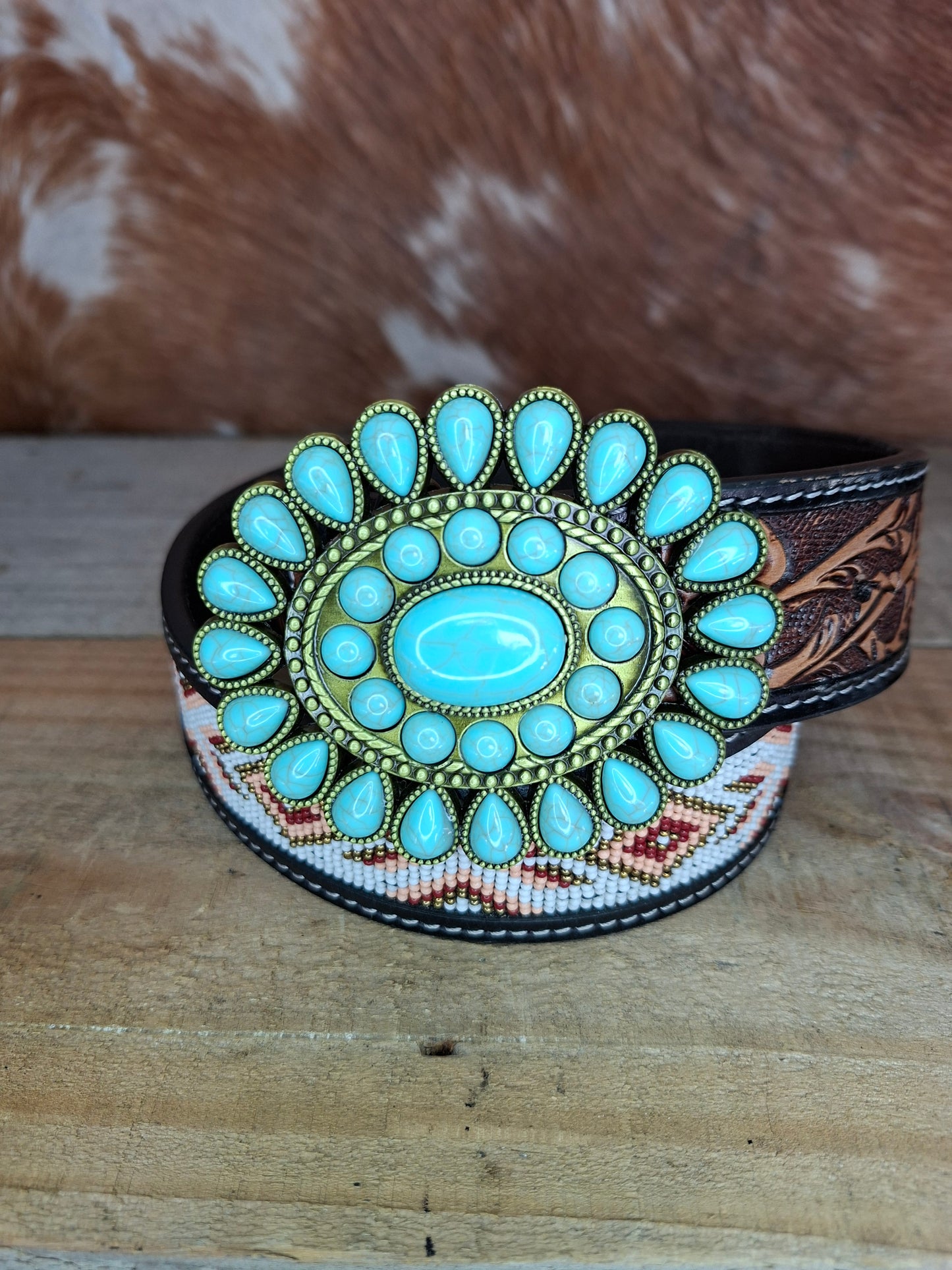 Belt Buckle - Turquoise & Brass
