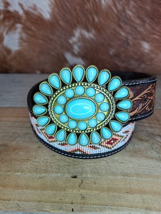 Belt Buckle - Turquoise & Brass